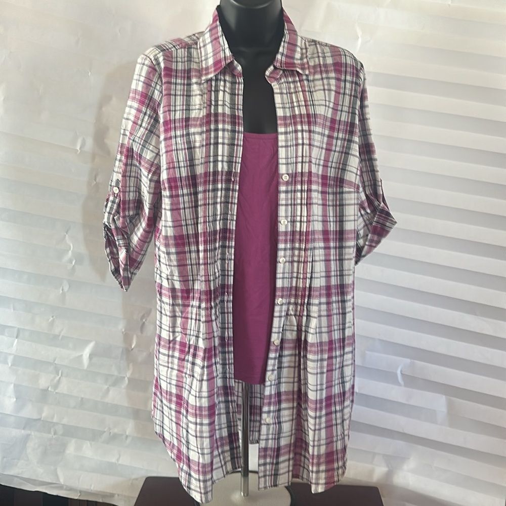 Sonoma Women’s Purple Plaid Button Down Shirt w/ Tank Size Small 2-Piece Set